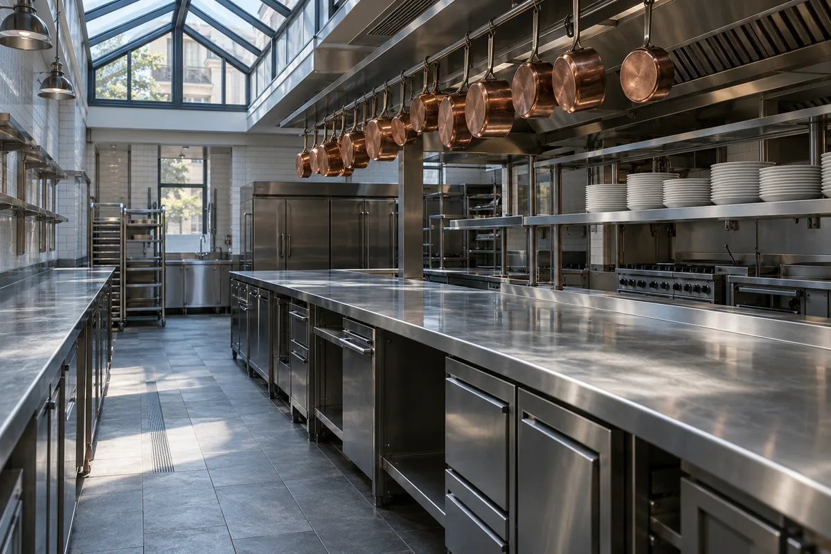 Cuisine professionnelle déserte avec comptoirs en inox et casseroles en cuivre suspendues
