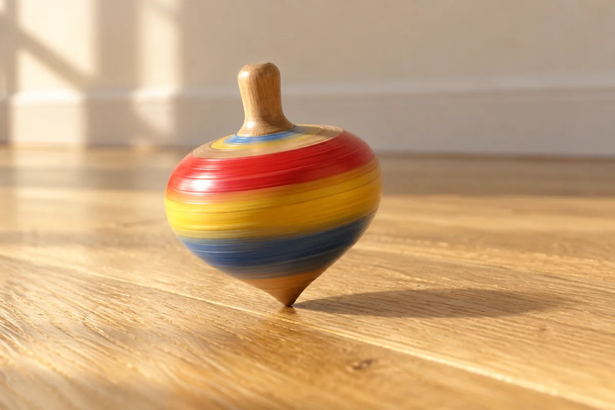 Toupie en bois tourné saisie en pleine rotation sur un parquet de chêne clair