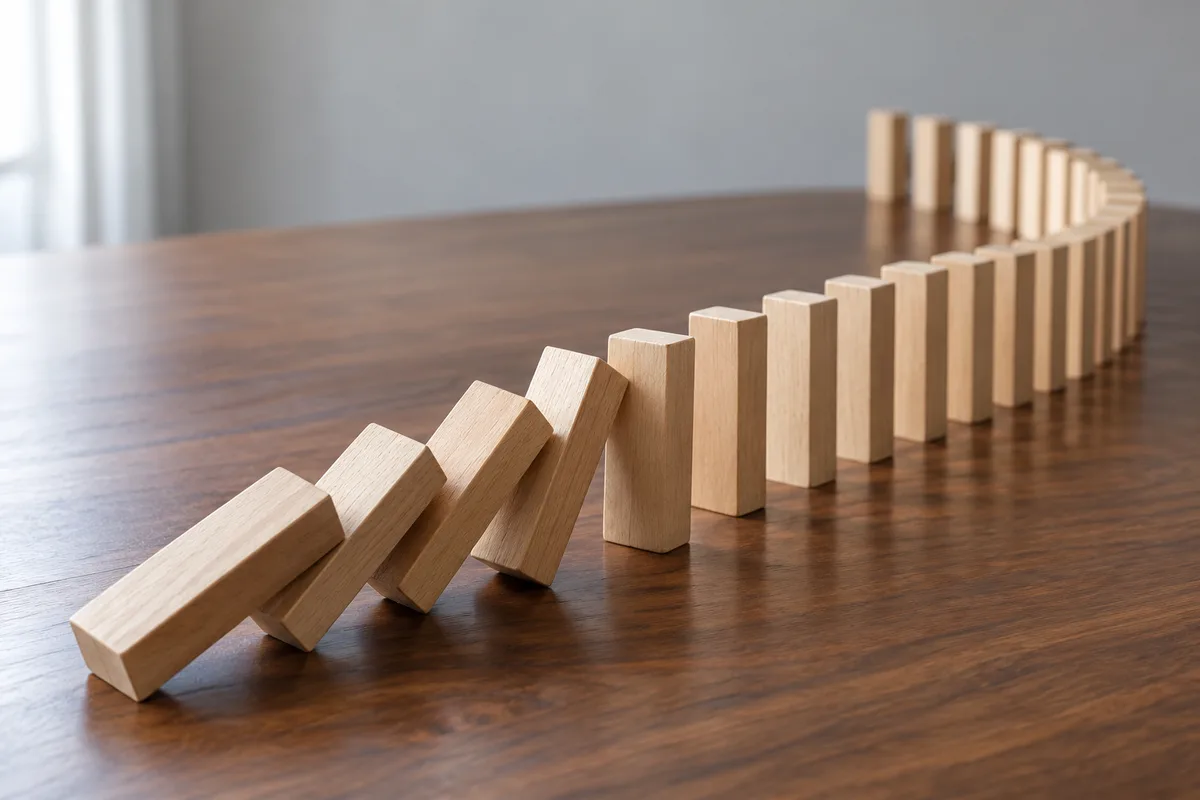 File de blocs de bois clair qui basculent les uns sur les autres sur une table en noyer