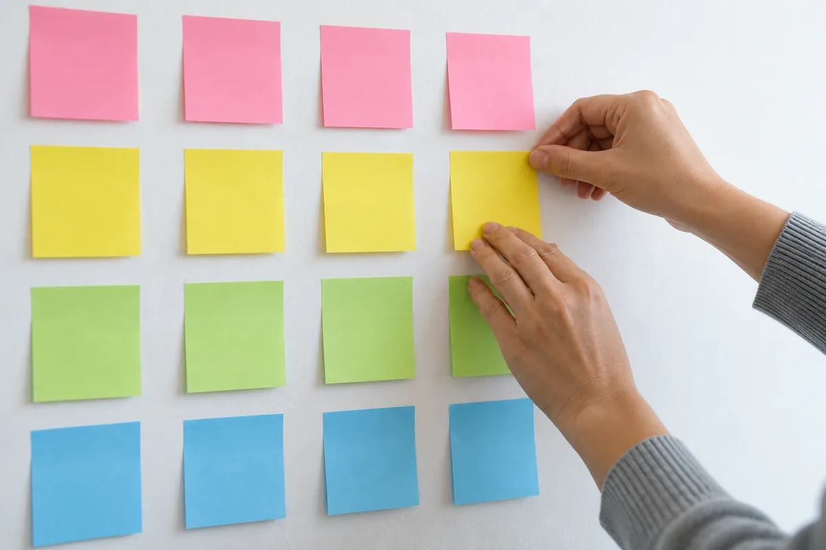 Mains collant des notes adhésives de couleurs unies en colonnes sur un mur blanc