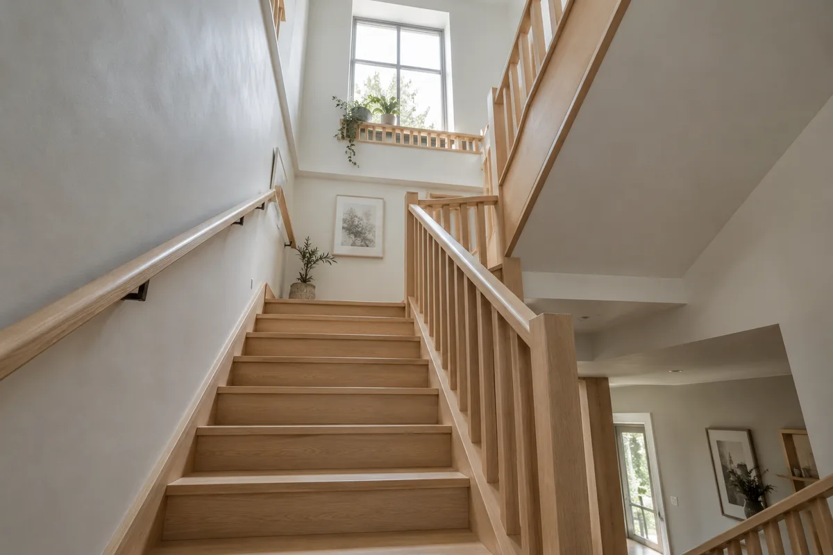 Escalier intérieur en bois clair à trois paliers vu du bas, lumière du jour venant du haut