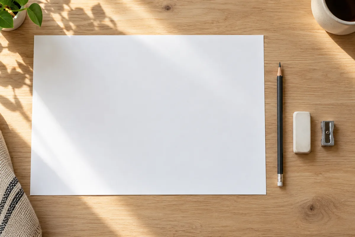 Grande feuille blanche vierge, crayon, gomme et taille-crayon sur une table en bois clair