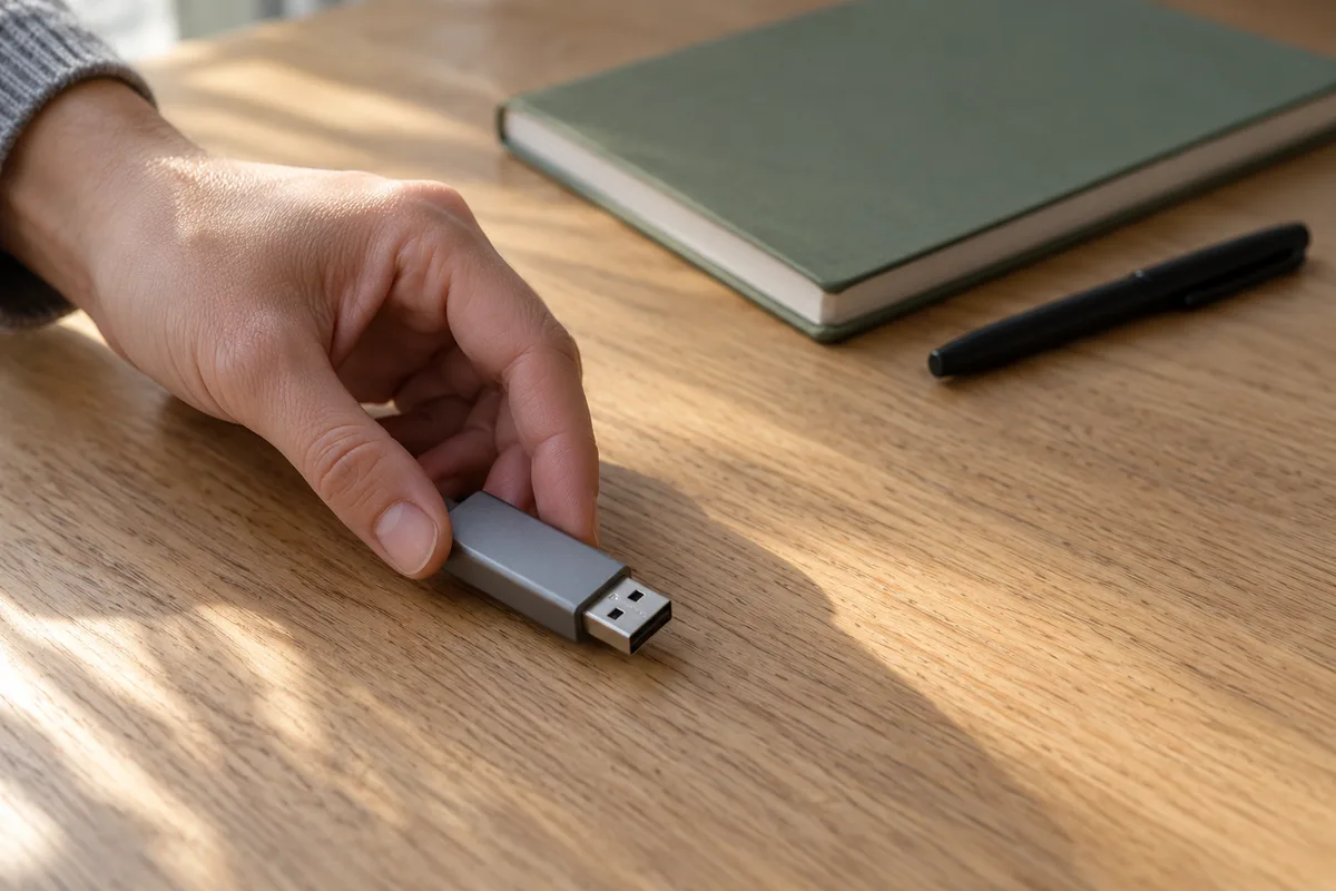 Main posant une clé USB grise unie sur un bureau en bois