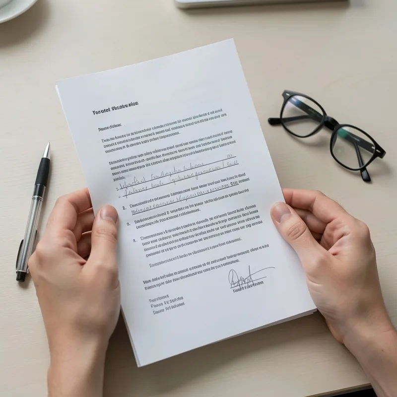Personne consultant un contrat imprimé annoté au crayon sur un bureau clair