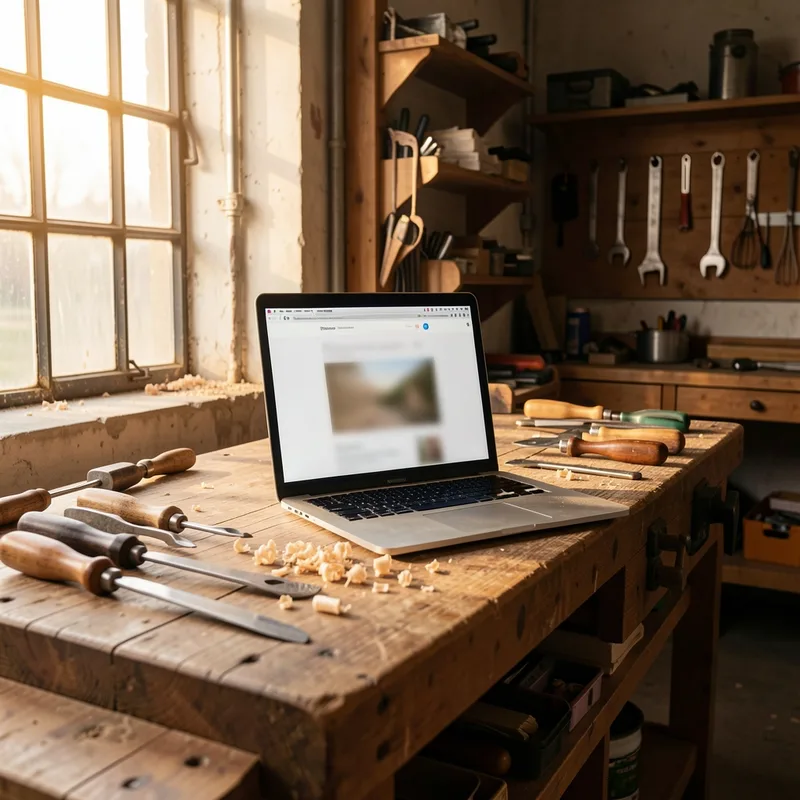 Atelier d&rsquo;une petite entreprise avec un ordinateur portable posé sur un établi en bois