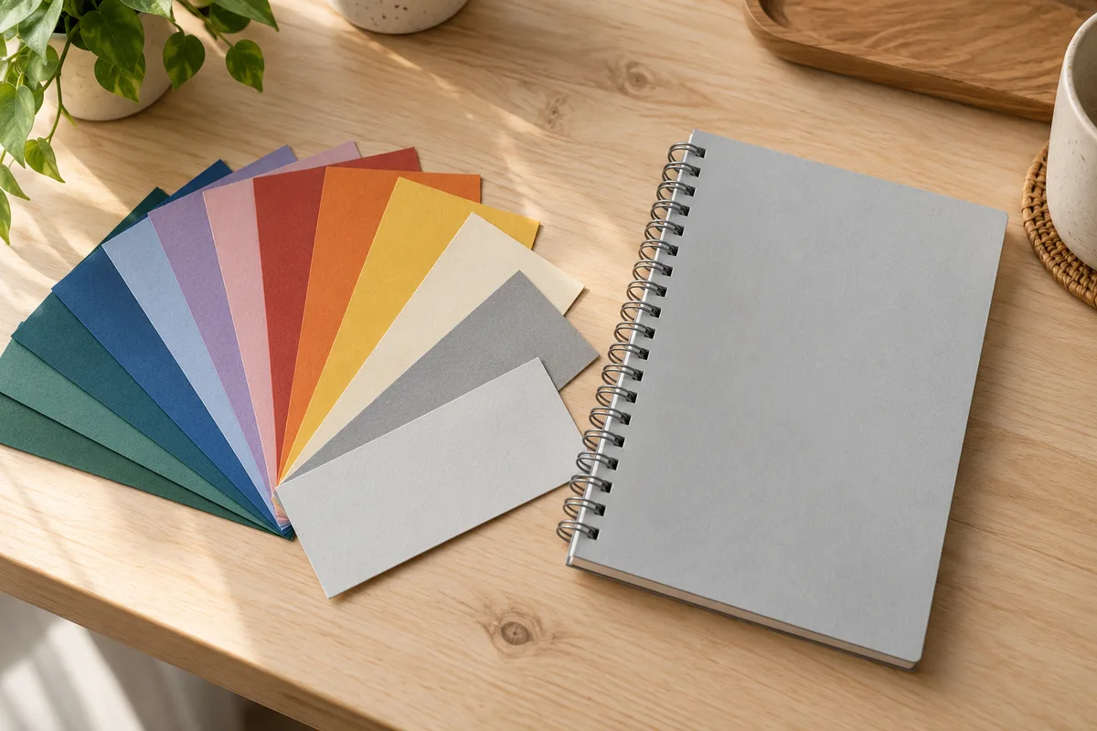 Nuancier de papiers colorés unis posé à côté d&rsquo;un carnet à spirale fermé