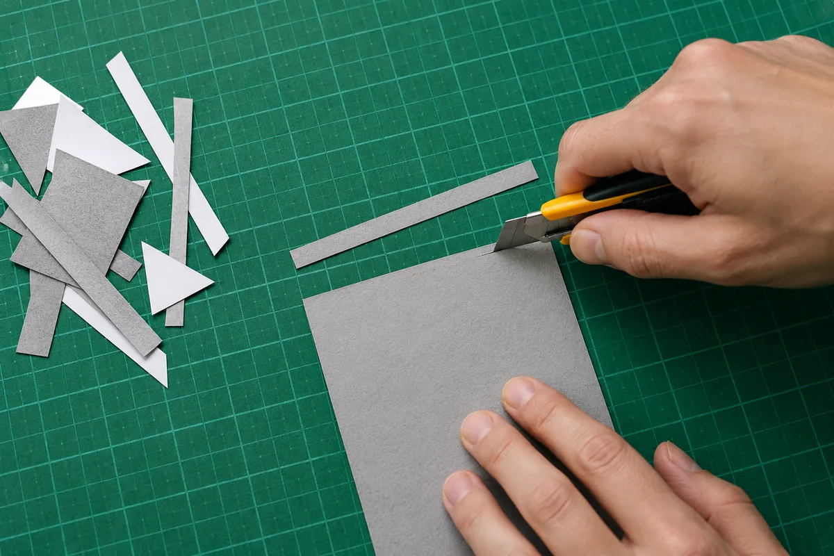 Main qui découpe au cutter un rectangle de papier gris sur un tapis de découpe