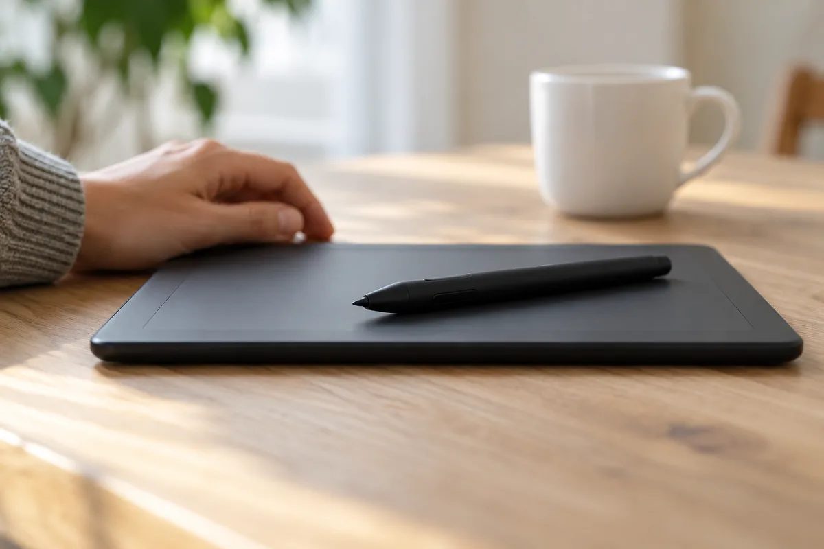 Tablette graphique noire unie vue de profil avec son stylet posé dessus