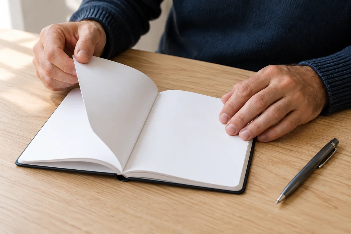 Mains feuilletant un carnet à pages blanches sur une table en bois clair