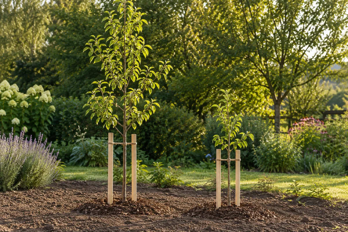 Deux jeunes arbres tuteurés côte à côte dans un jardin, l&rsquo;un nettement plus haut que l&rsquo;autre