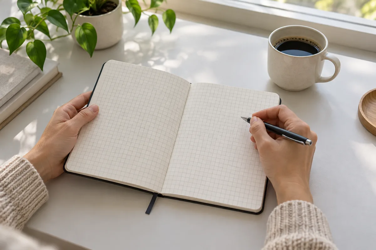 Mains tenant un carnet ouvert aux pages quadrillées vierges et un stylo au-dessus d&rsquo;un bureau clair