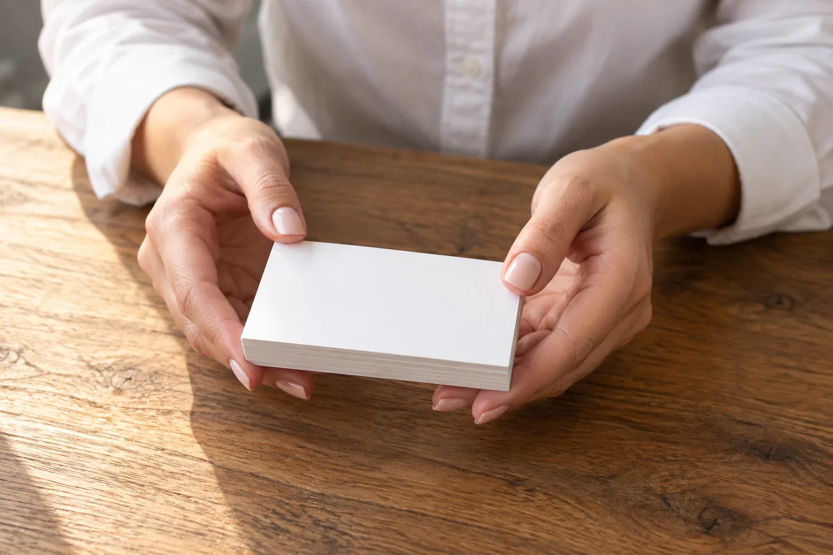 Mains tenant une pile de cartes de visite blanches au-dessus d&rsquo;une table en bois