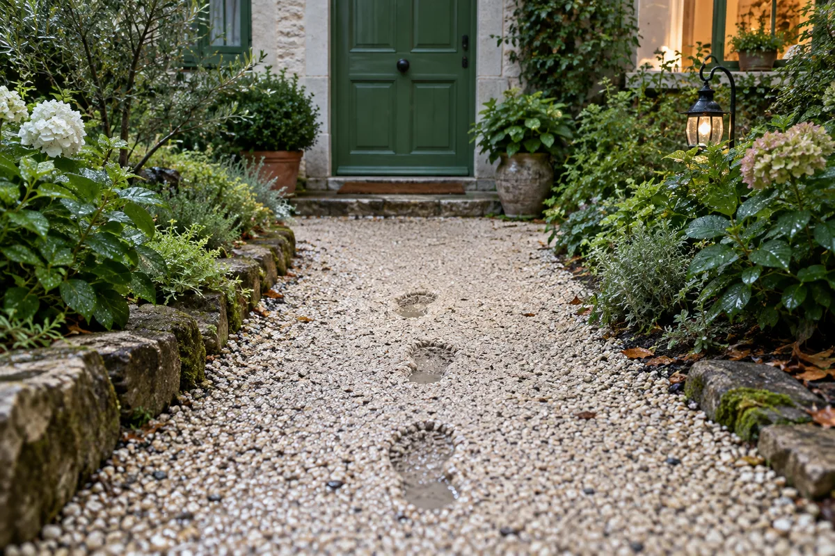 Chemin de gravier clair traversant un jardin vers une porte d&rsquo;entrée verte