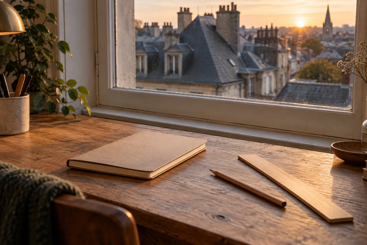 Cahier fermé, règle en bois et crayon sur un bureau devant une fenêtre sur les toits