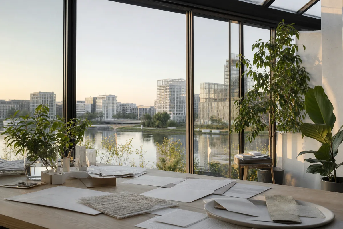 Vue d’un quartier d’affaires nantais en bord de Loire au petit matin