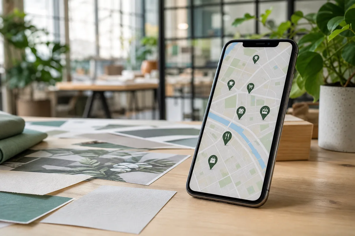 Téléphone affichant une carte avec plusieurs établissements de proximité localisés