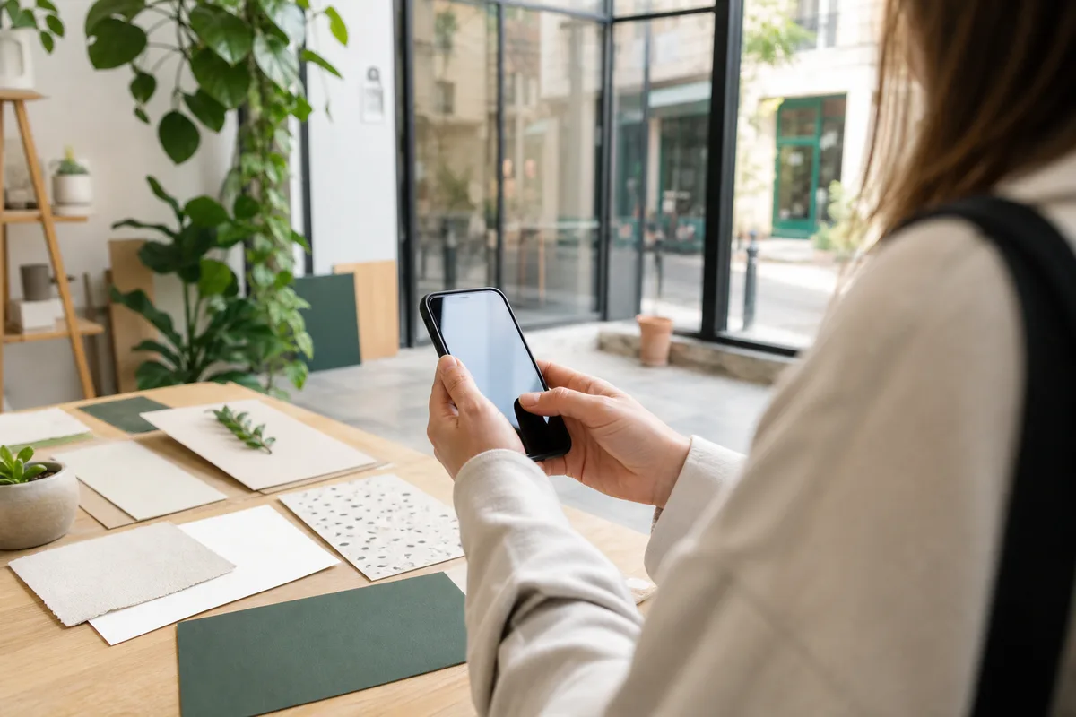 Client rédigeant un avis sur son téléphone à la sortie d’un commerce de quartier