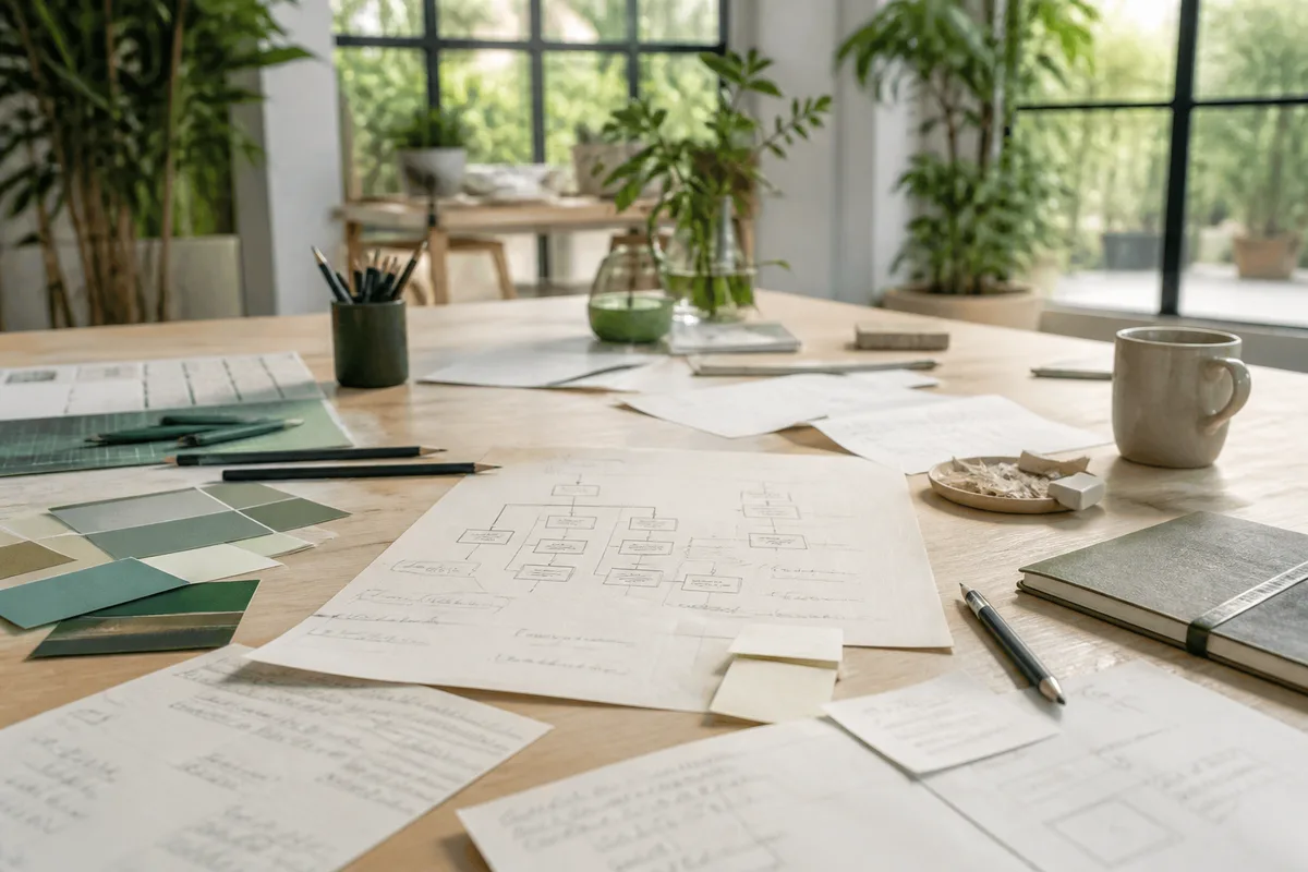 Table de travail avec croquis d&rsquo;arborescence de site et notes manuscrites