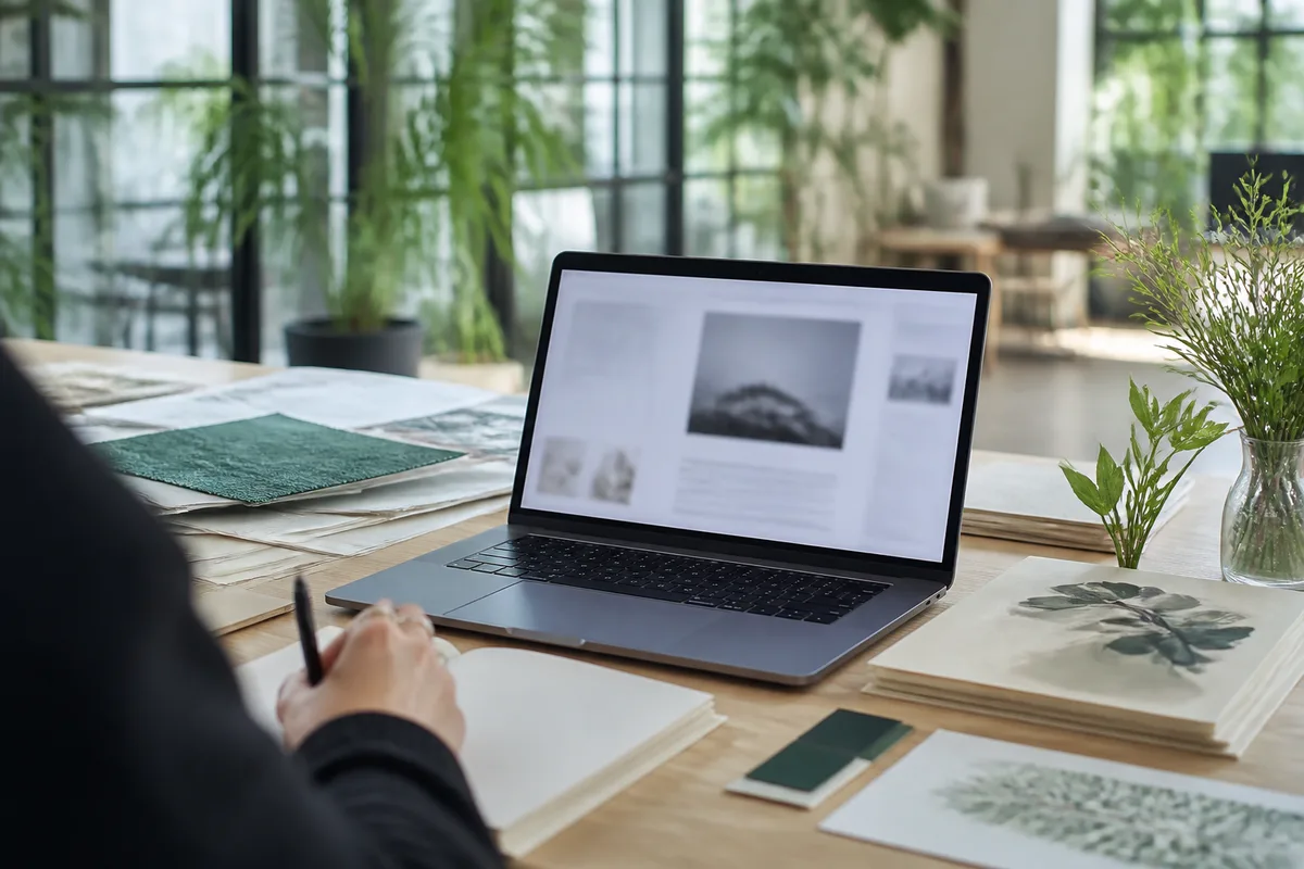 Rédaction d’un article professionnel sur un ordinateur portable posé sur un bureau clair